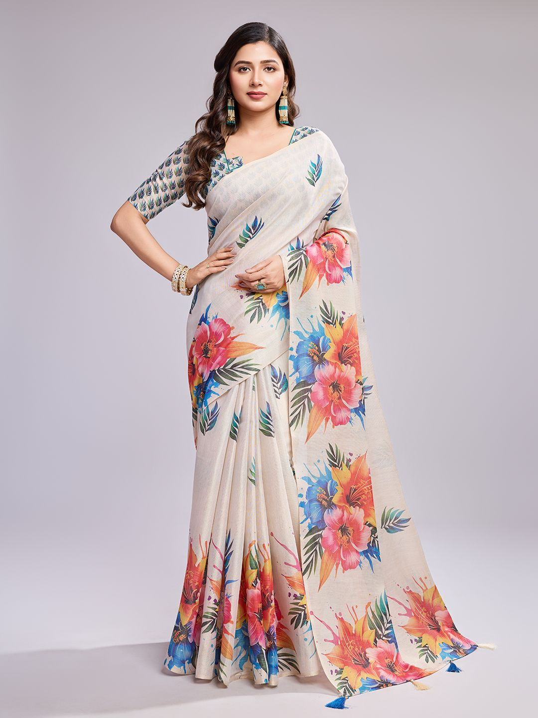 SHRIMAY Floral Linen Blend Saree