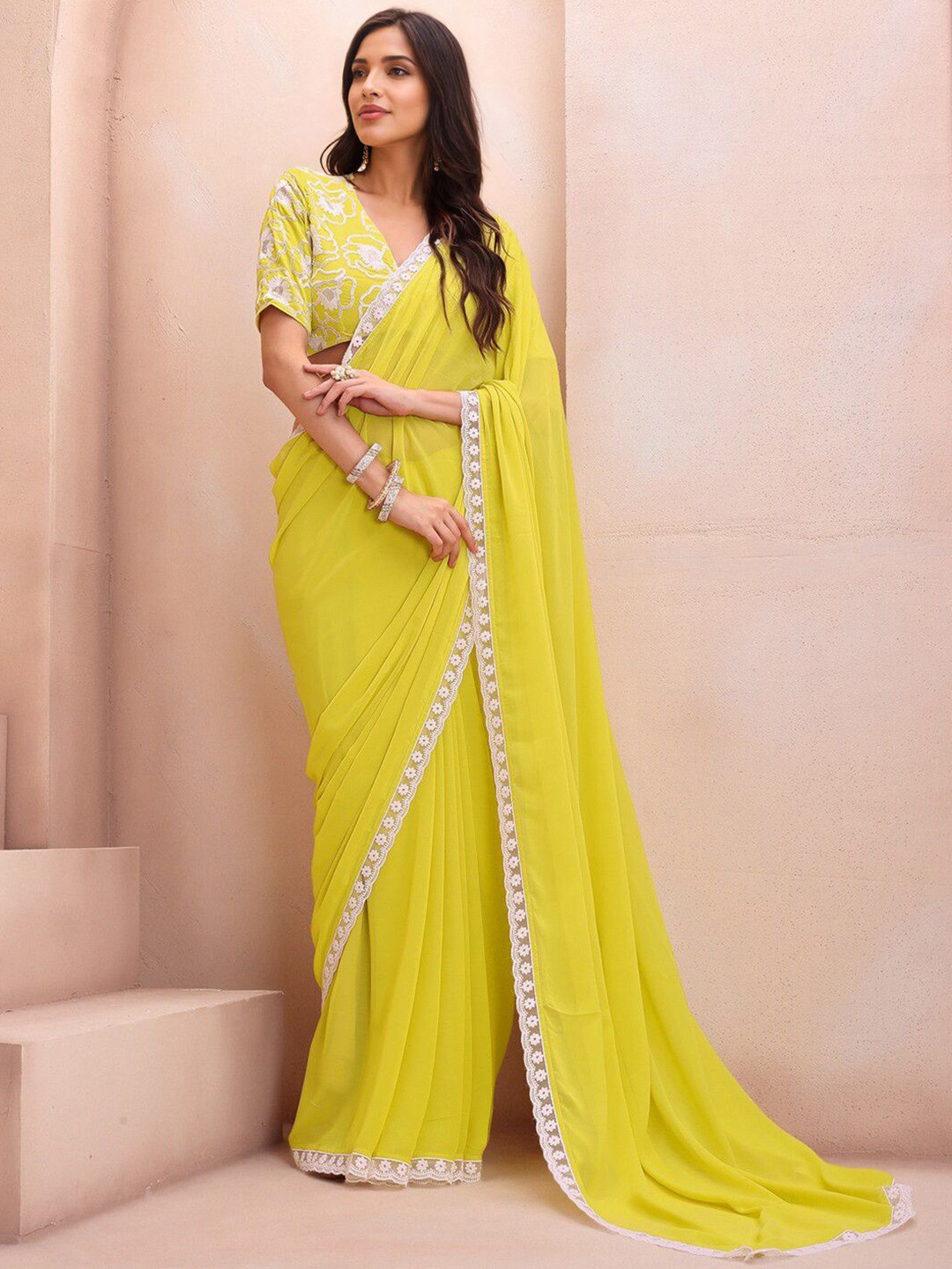Panzora Embroidered Border Saree With Unstitched Blouse Piece