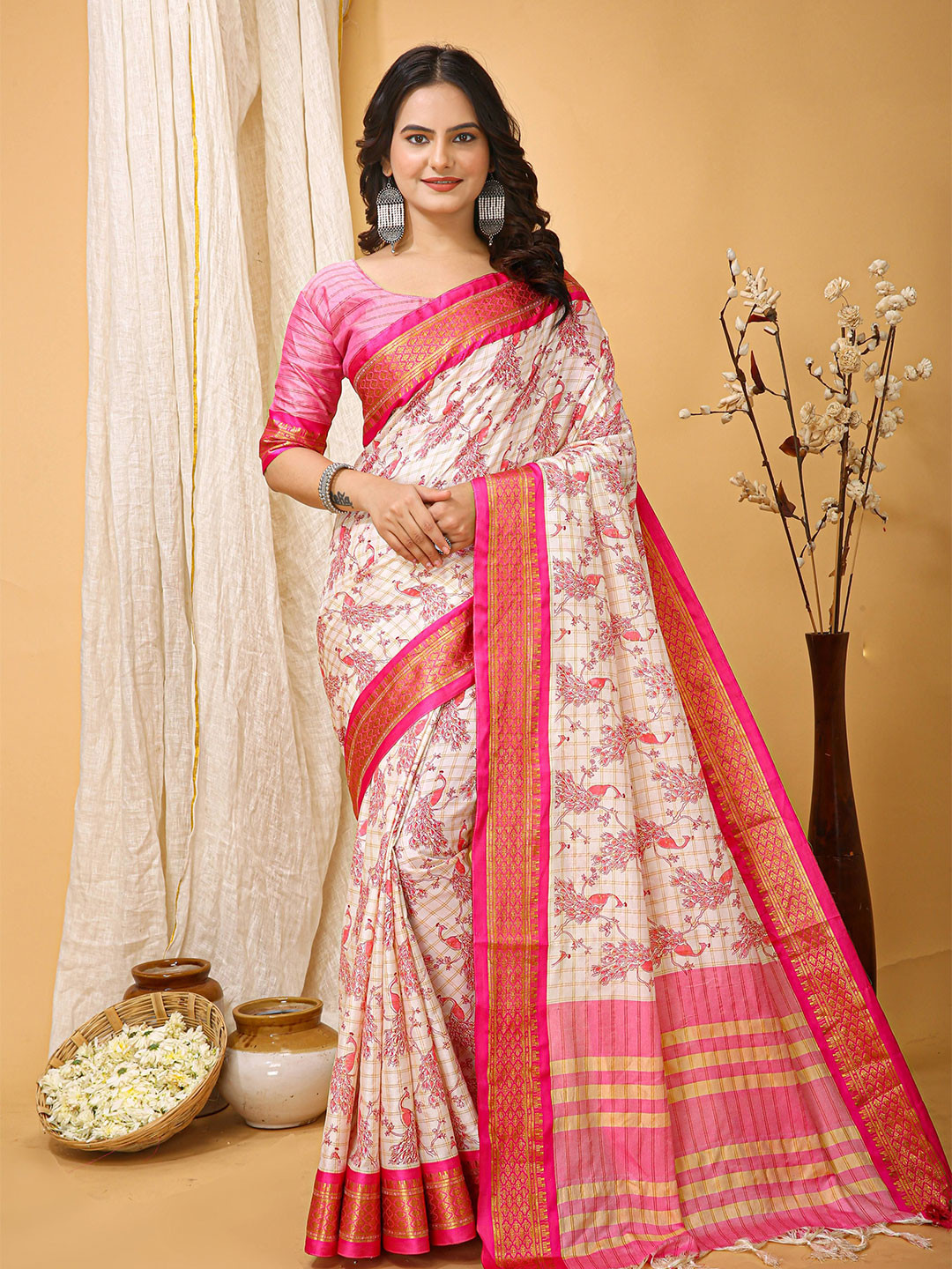 bansari textiles Checked Designer Bagru Saree