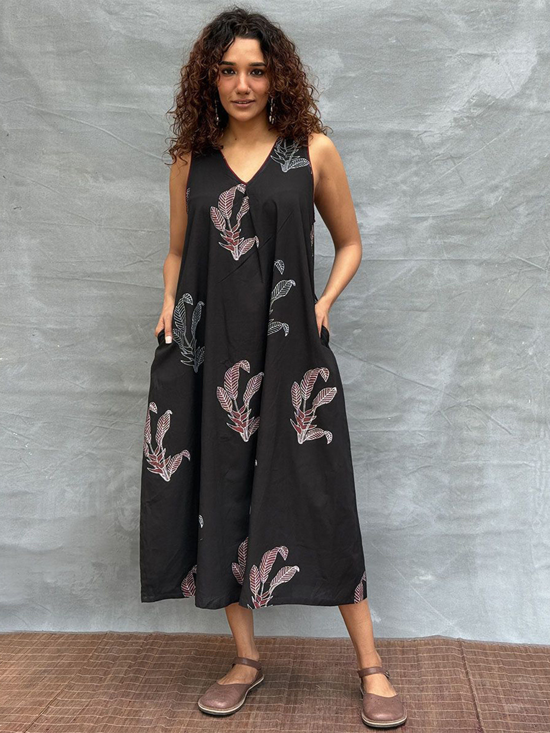 Chidiyaa Women Chidiyaa Soil Birds and Bloom Blockprinted Cotton Dress