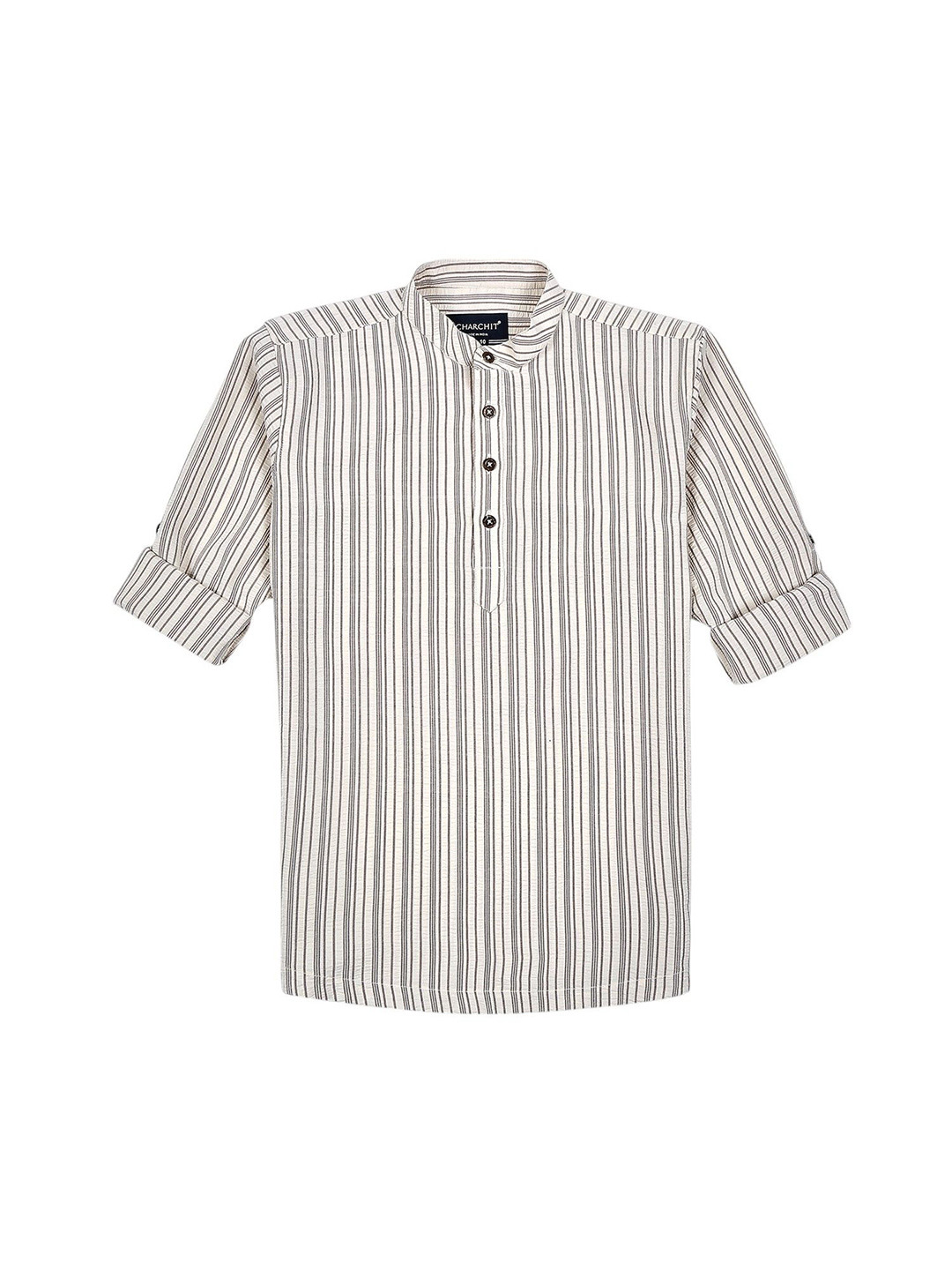 CHARCHIT Boys Comfort Fit Mandarin Collar Vertical Striped Cotton Casual Shirt