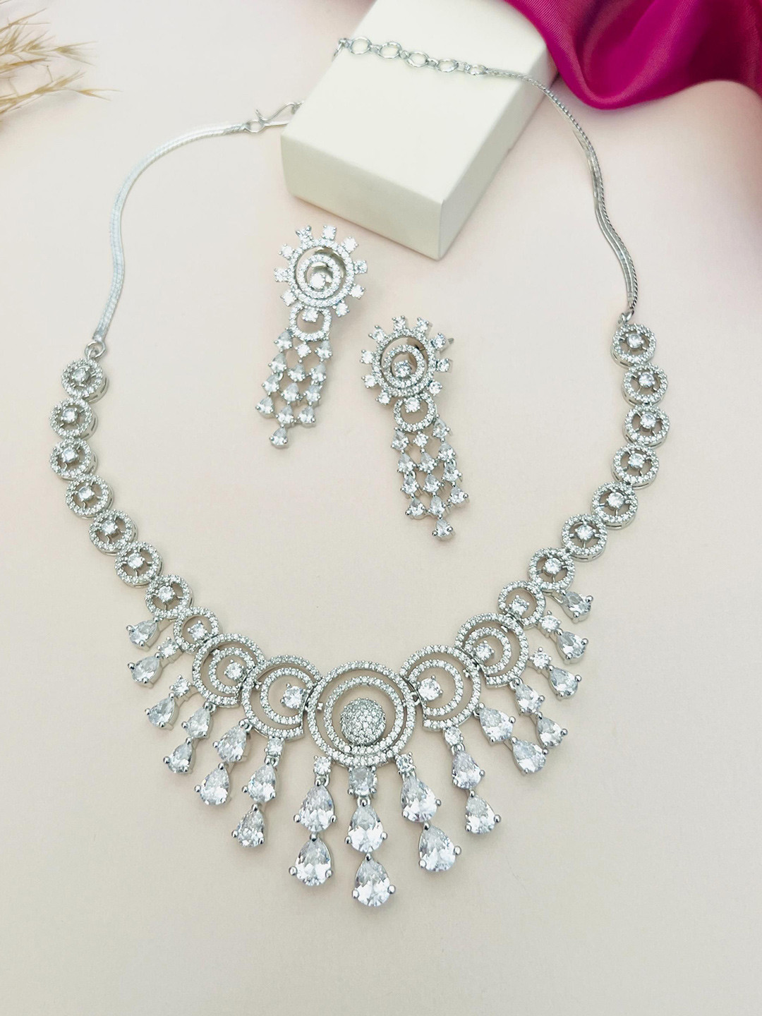 ABDESIGNS Enchanting Silver Plated American Diamond Necklace
