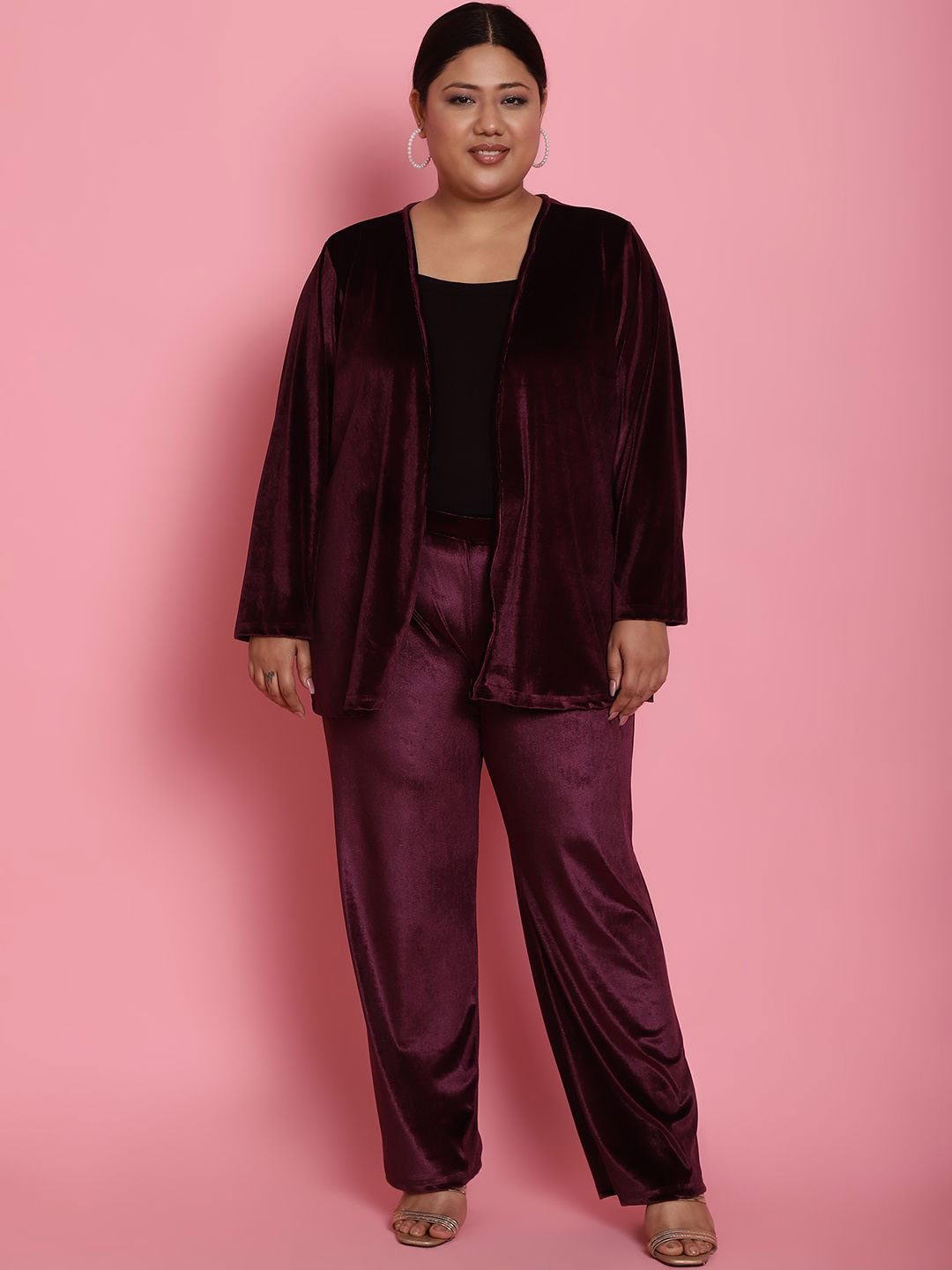 theRebelinme Plus Size Long Sleeves Front Open Velvet Shrug With Trouser