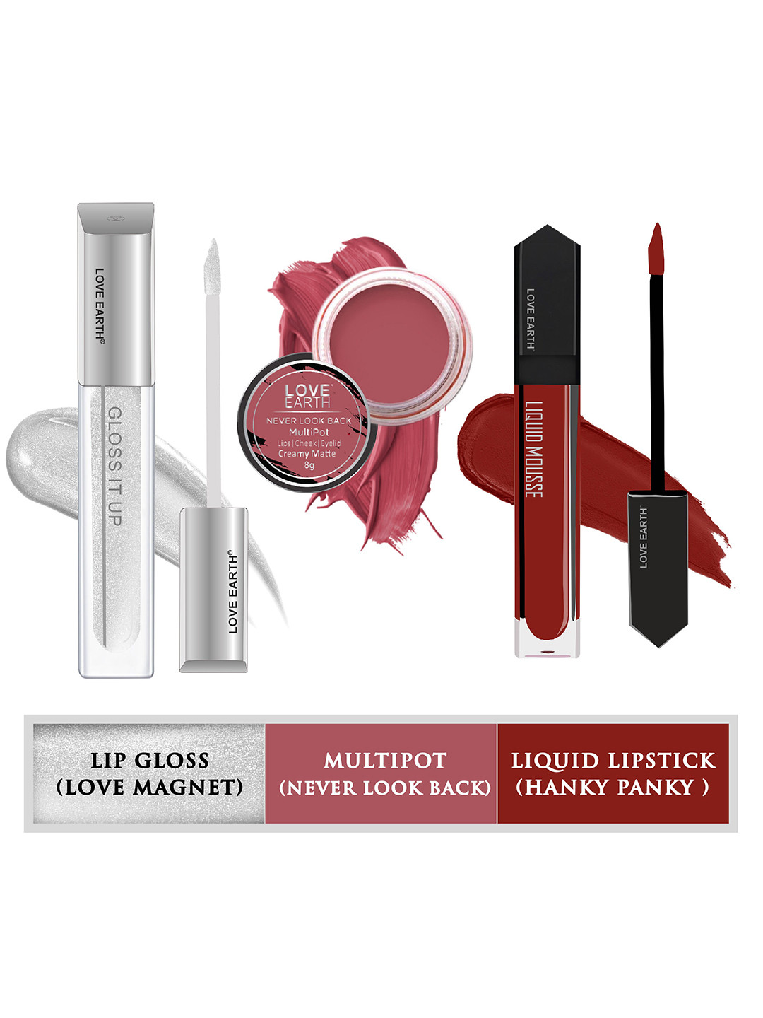 LOVE EARTH Set Of 3 Lip Cheek Tint Multipot 8g + Lip Gloss 3ml + Liquid Lipstick 6ml