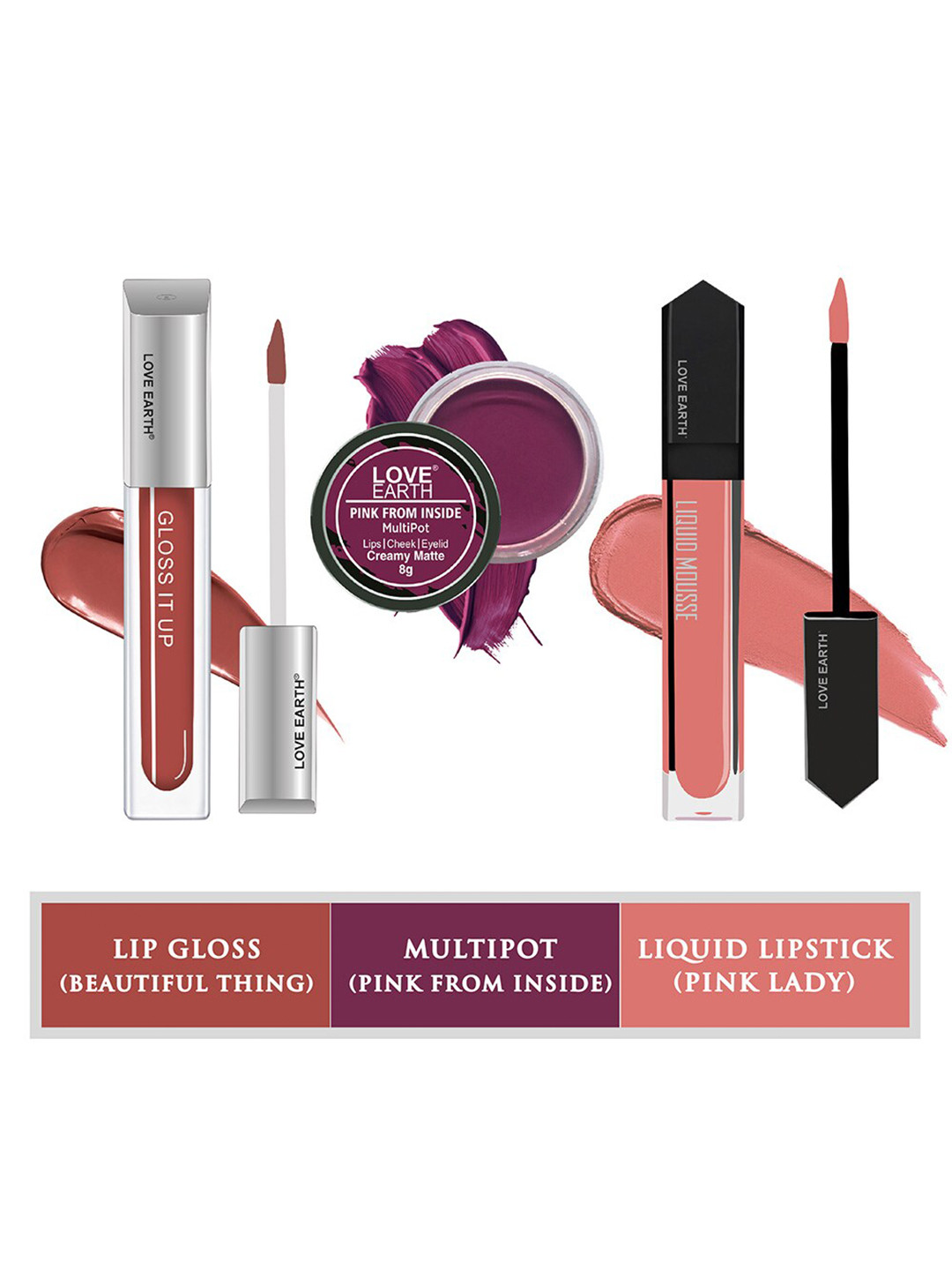 LOVE EARTH Set Of 3 Lip & Cheek Tint Multipot - 8g -Lip Gloss - 3ml-Liquid Lipstick - 6ml