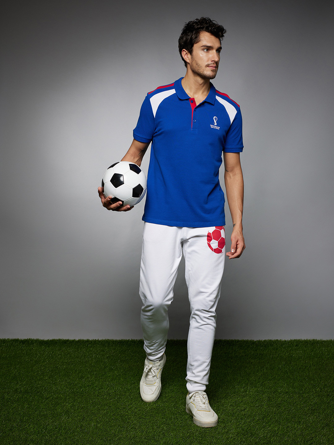 Celio Men Blue & White Football Collection Printed Polo Collar Cotton T-shirt