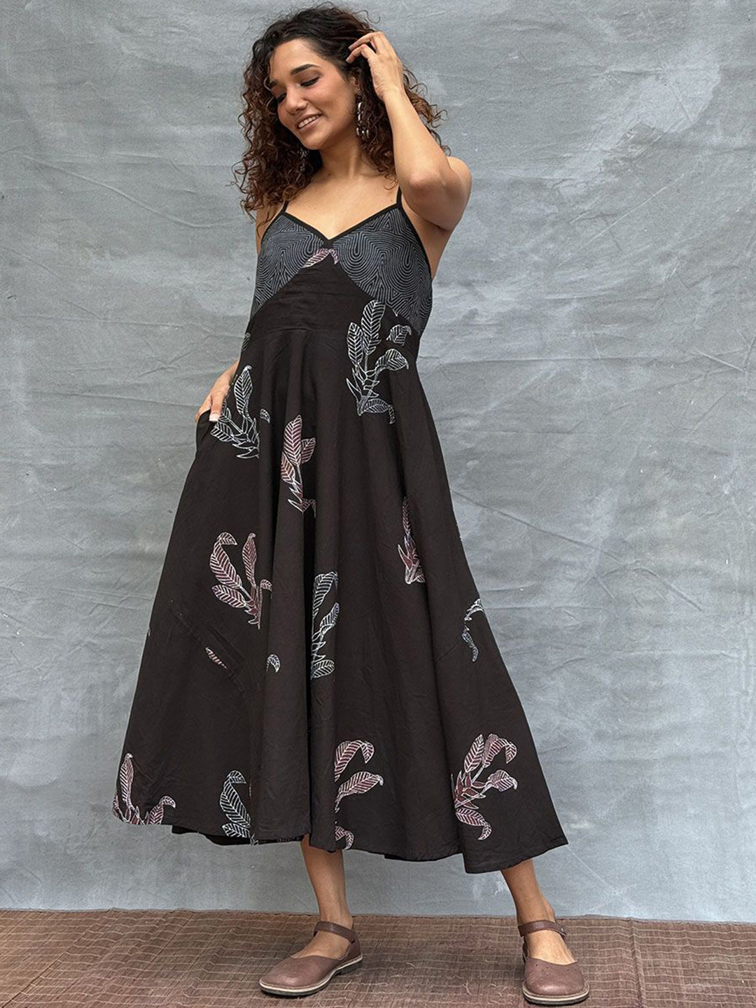 Chidiyaa Women Soil Wildflower Whispers Blockprinted Cotton Ethnic Dresses