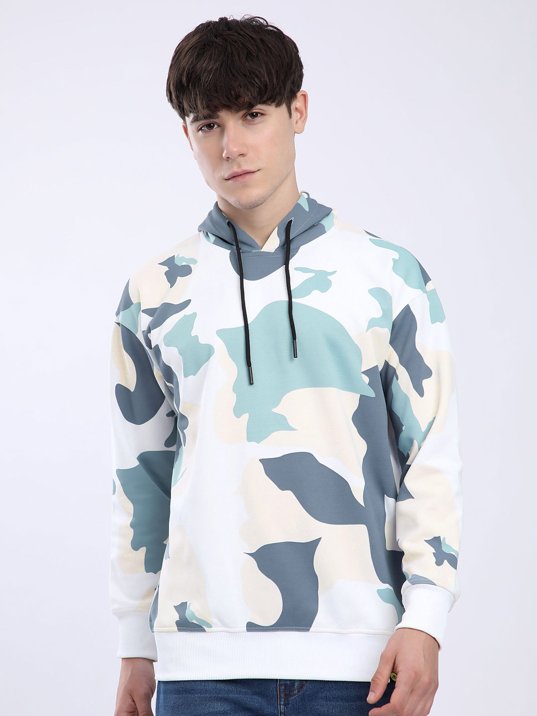 Beyoung Men Camo Printed Blue Hooded Sweatshirt