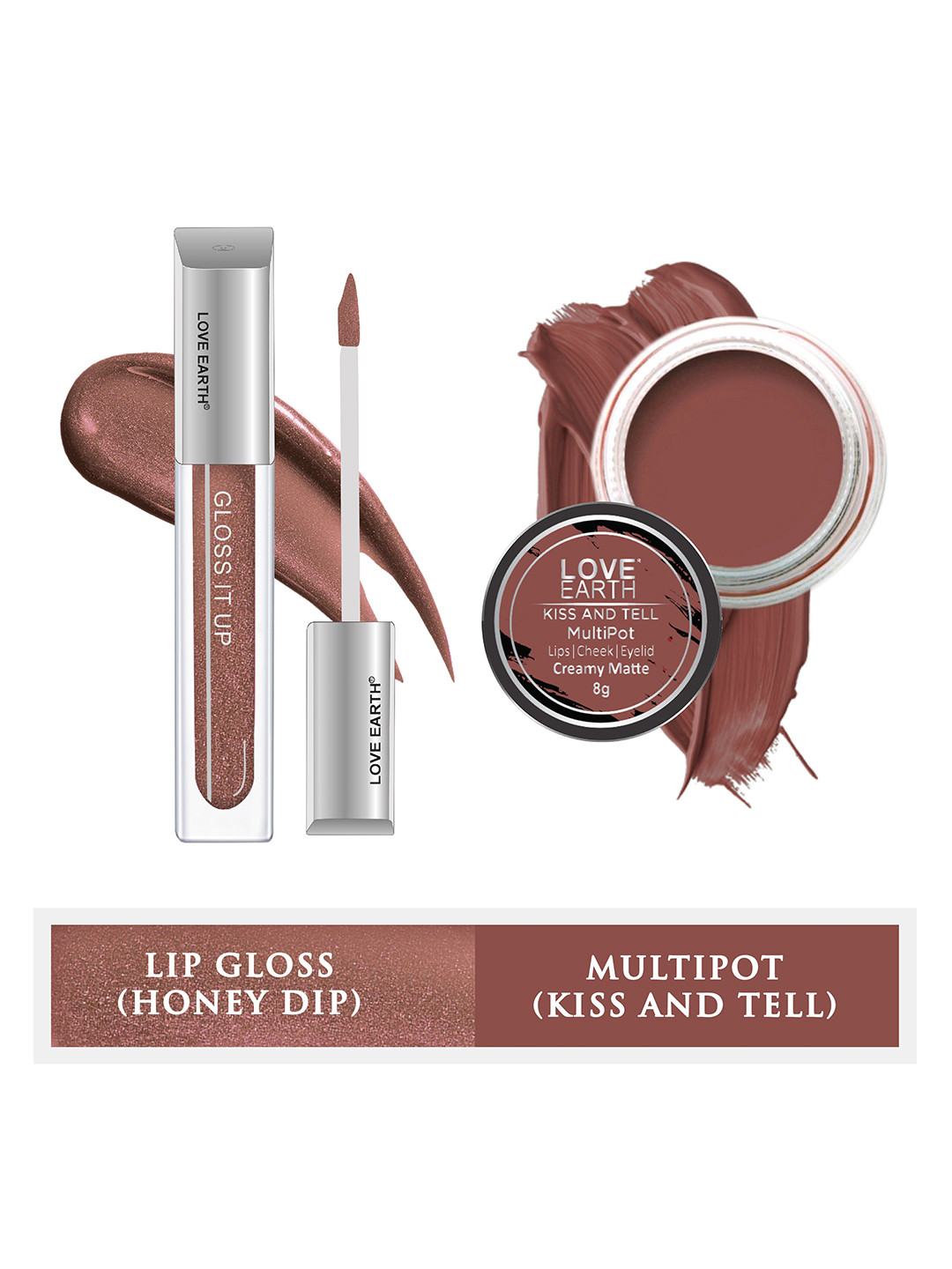 LOVE EARTH Set of Kiss And Tell Multipot 8g + Gloss It Up Lip Gloss 3ml