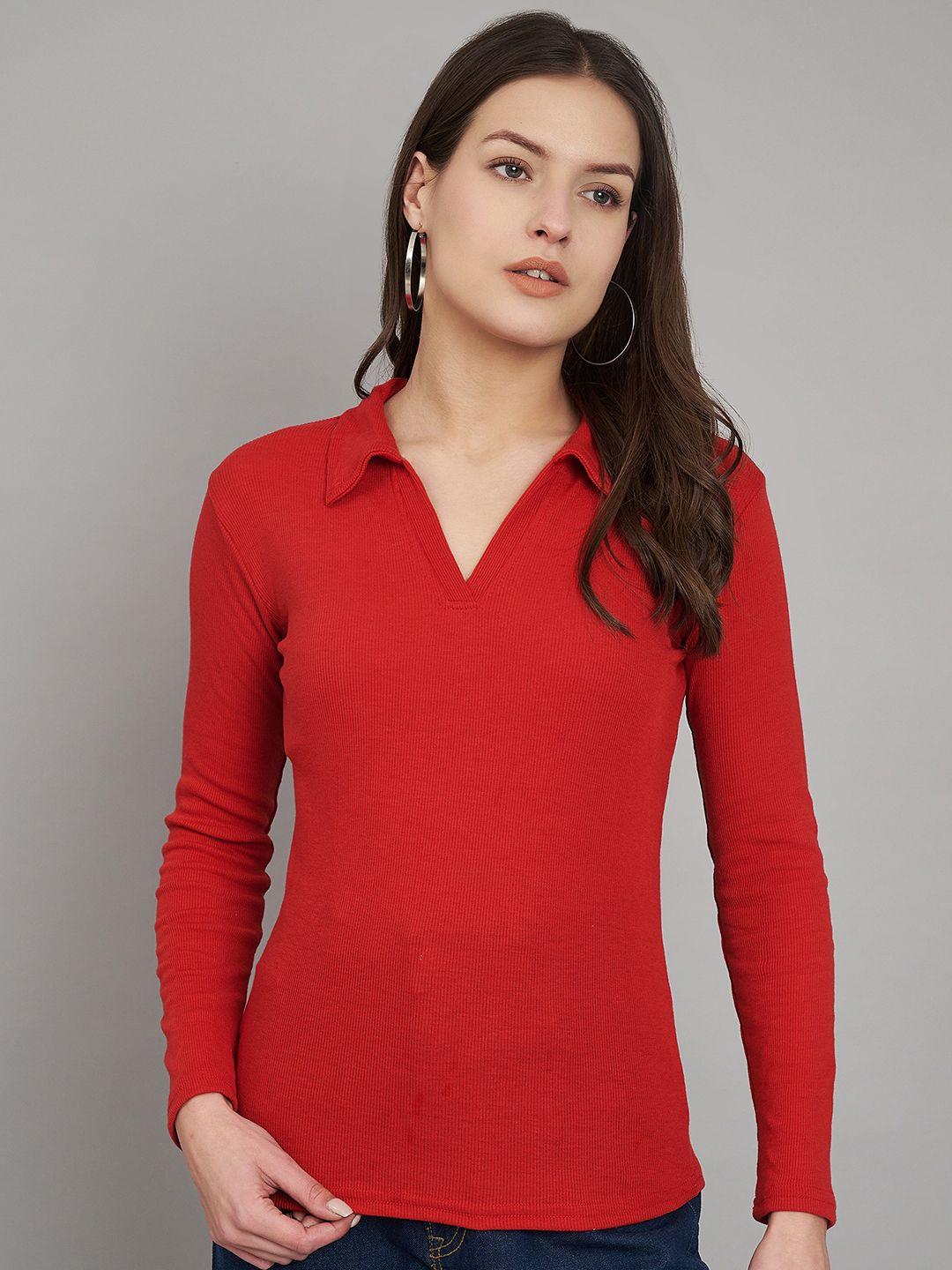Red Regular Fit Shirt Collar Top