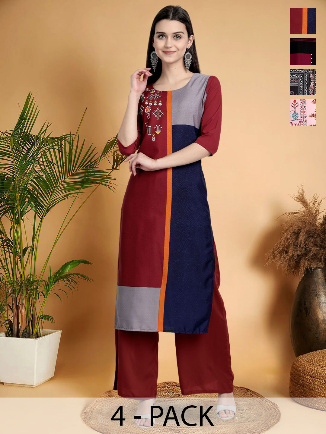 7Threads Selection Of 4 Color Blocked Round Neck Straight Kurtas