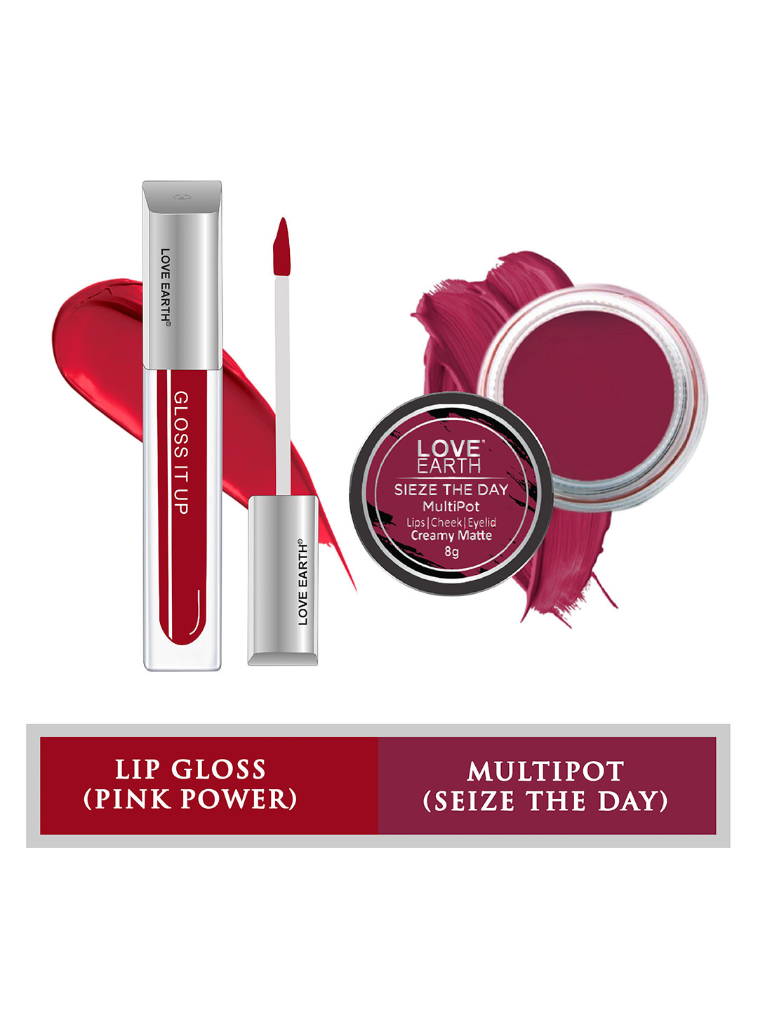 LOVE EARTH Set of Gloss It Up Lip Gloss & Multipot Tint - Pink Power & Seize The Day