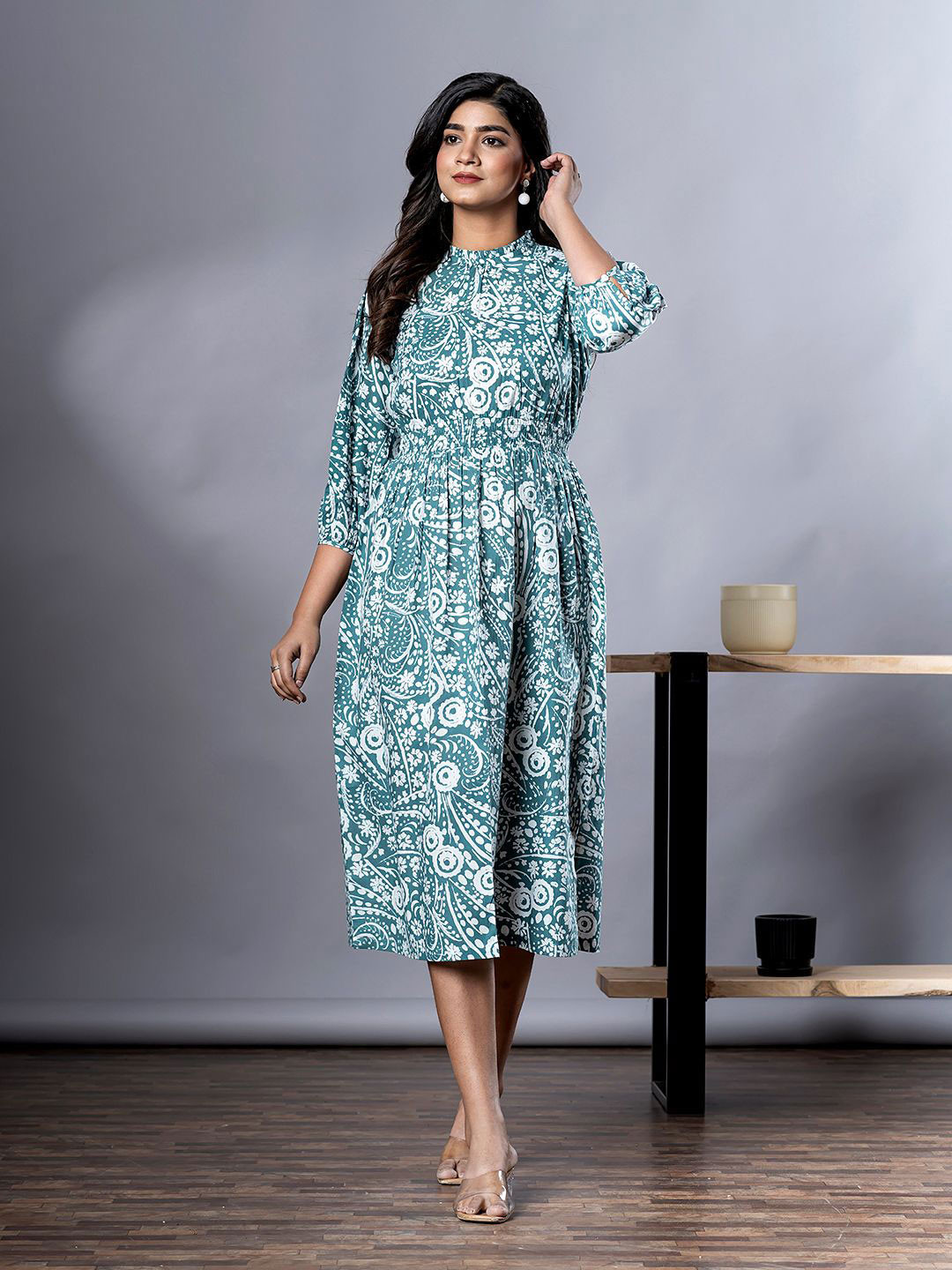 Jaitpuriya Women Print Halter Neck Fit & Flare Cotton Dress