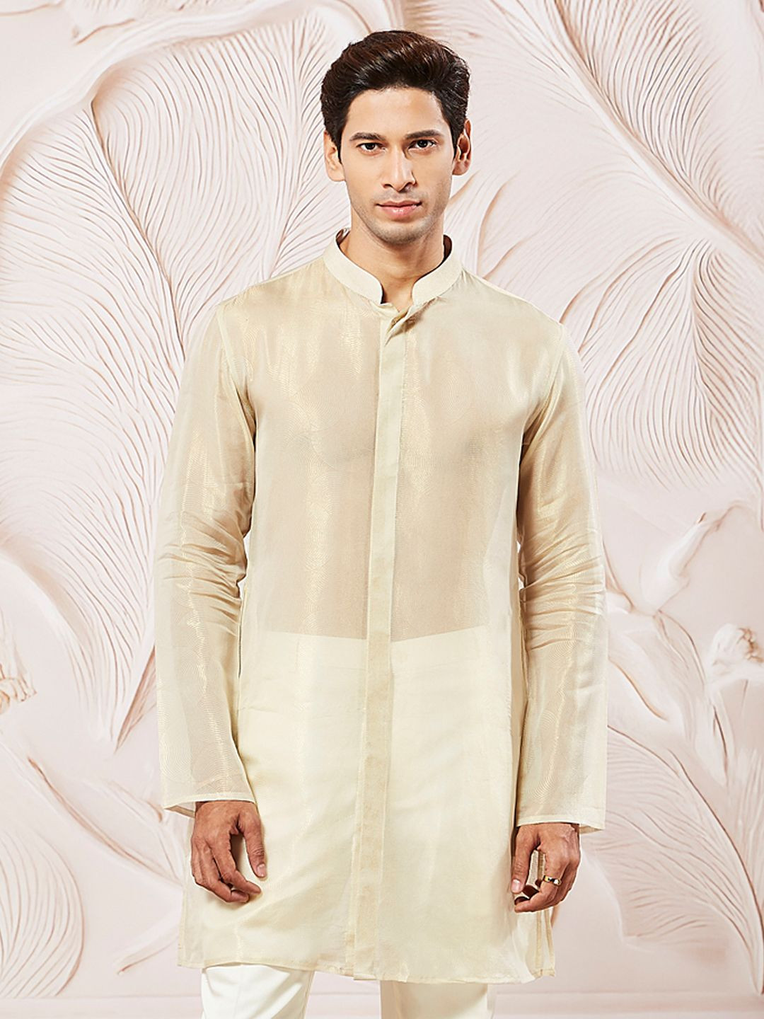 VASTRAMAY Mandarin Collar Tissue Silk Straight Kurta