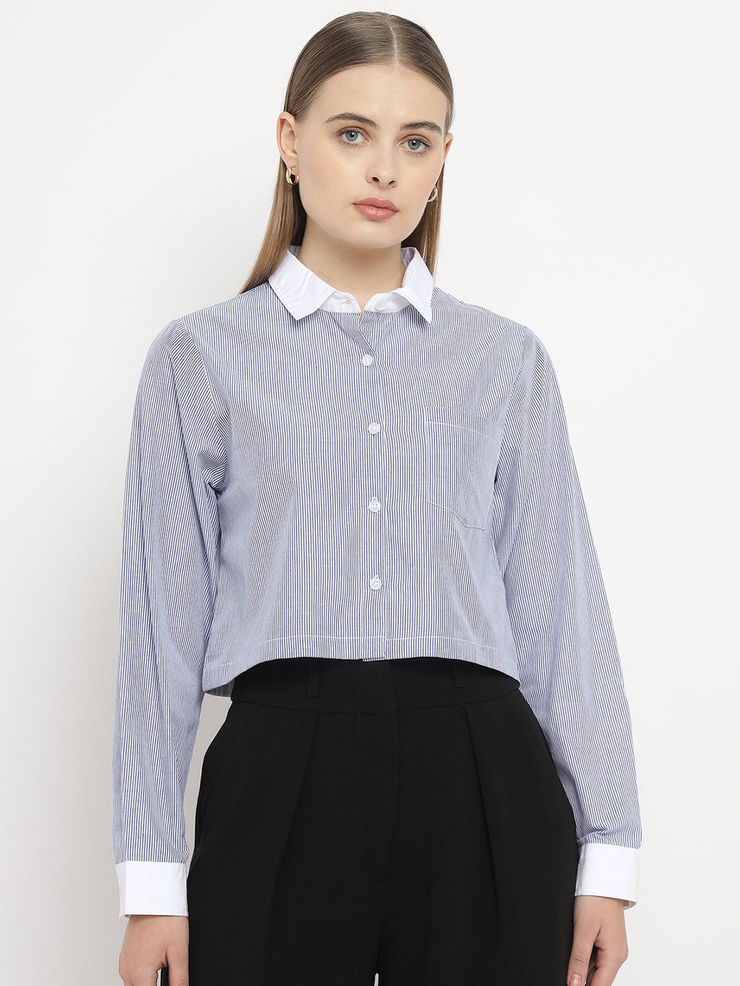 Sands of India Women Modern Fit Spread Collar Vertical Striped Cotton Casual Shirt