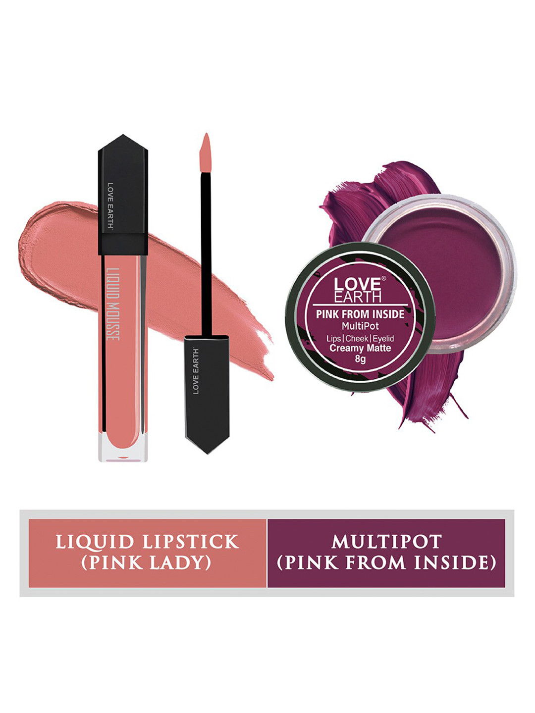 LOVE EARTH Set of Liquid Mousse Matte Lipstick 6 ml + Pink From Inside Multipot 8 g
