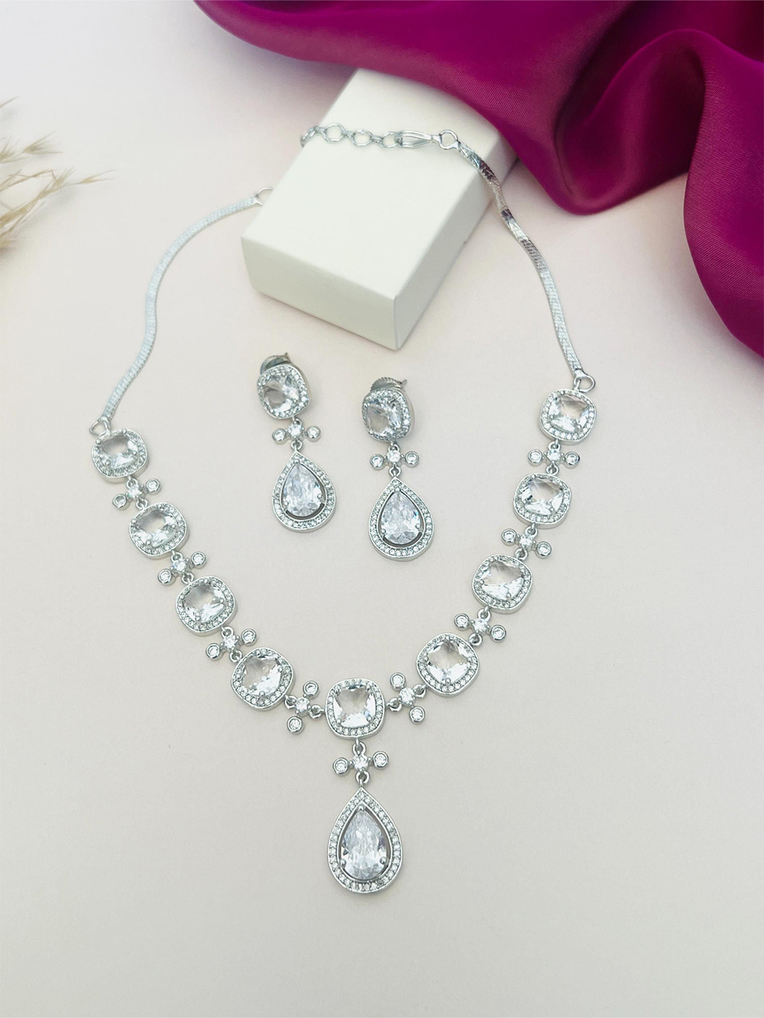 ABDESIGNS Enchanting Silver Plated American Diamond Necklace