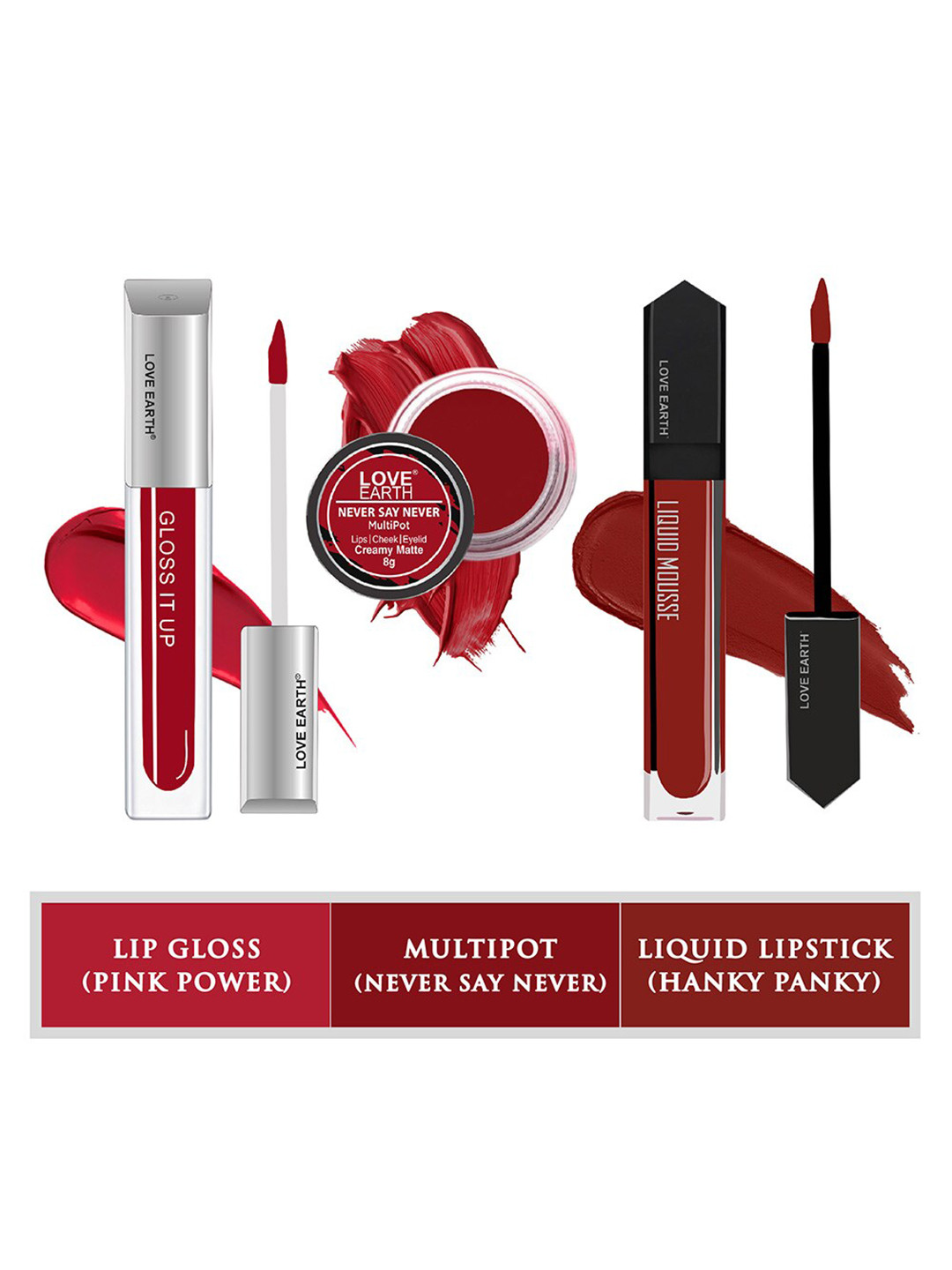 LOVE EARTH 3Pc Lipstick-Lip Gloss & Multipot-Hanky Panky-Pink Power-Never Say Never