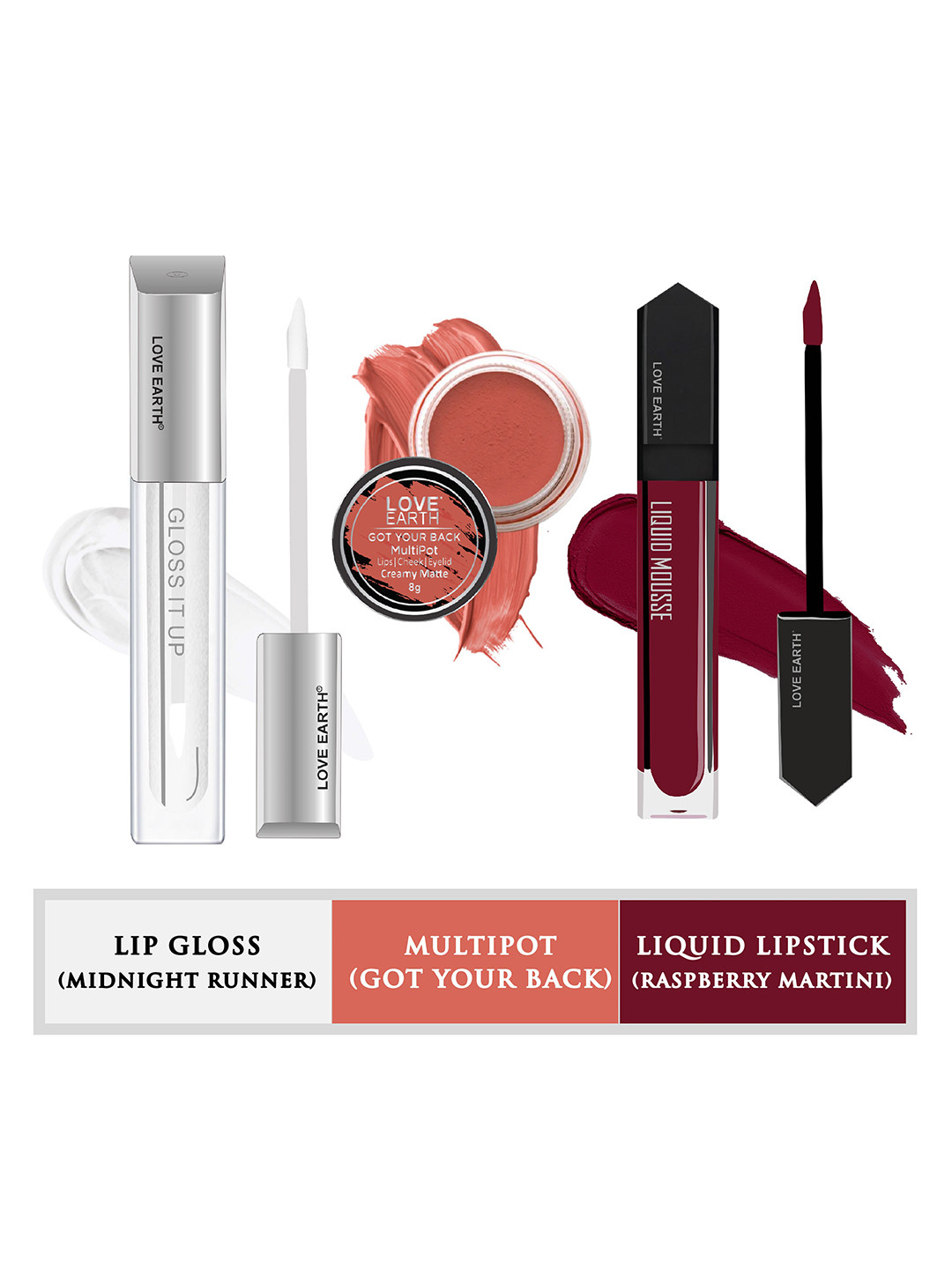 LOVE EARTH 3Pc Lipstick-Lip Gloss-Multipot-Raspberry Martini-Midnight Runner-Got Your Back