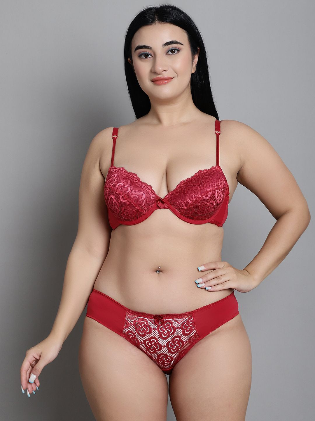 MAKCLAN Women Lightly-Padded Lace Plunge Lingerie Set