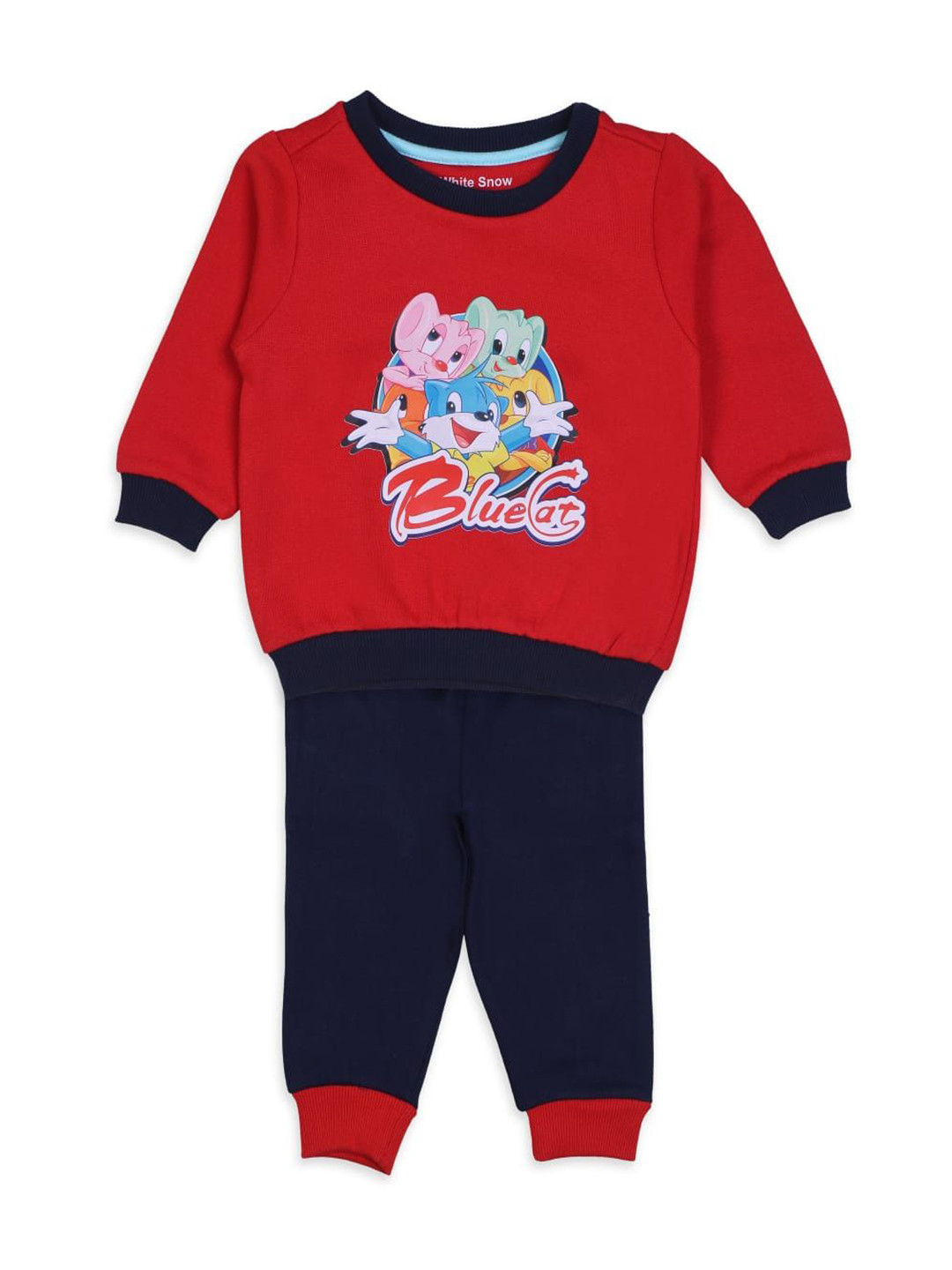 White Snow Kids Blue Cat Graphic Printed Round Neck Fleece Sweatshirt With Joggers