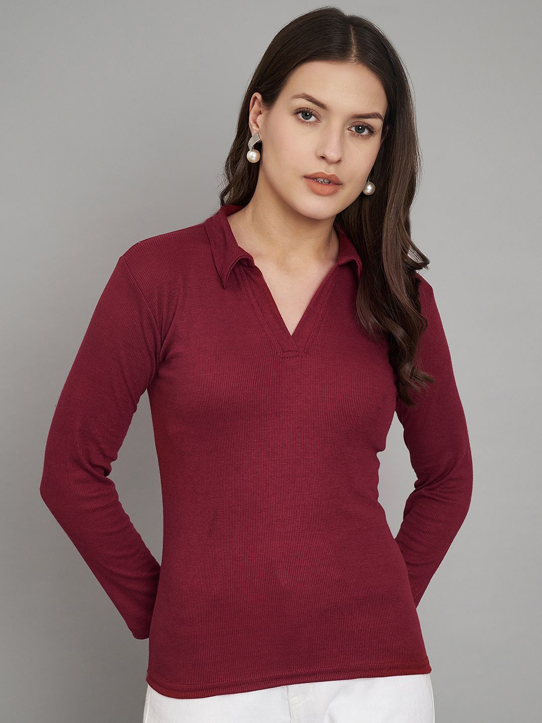 Maroon Regular Top with Shirt Collar