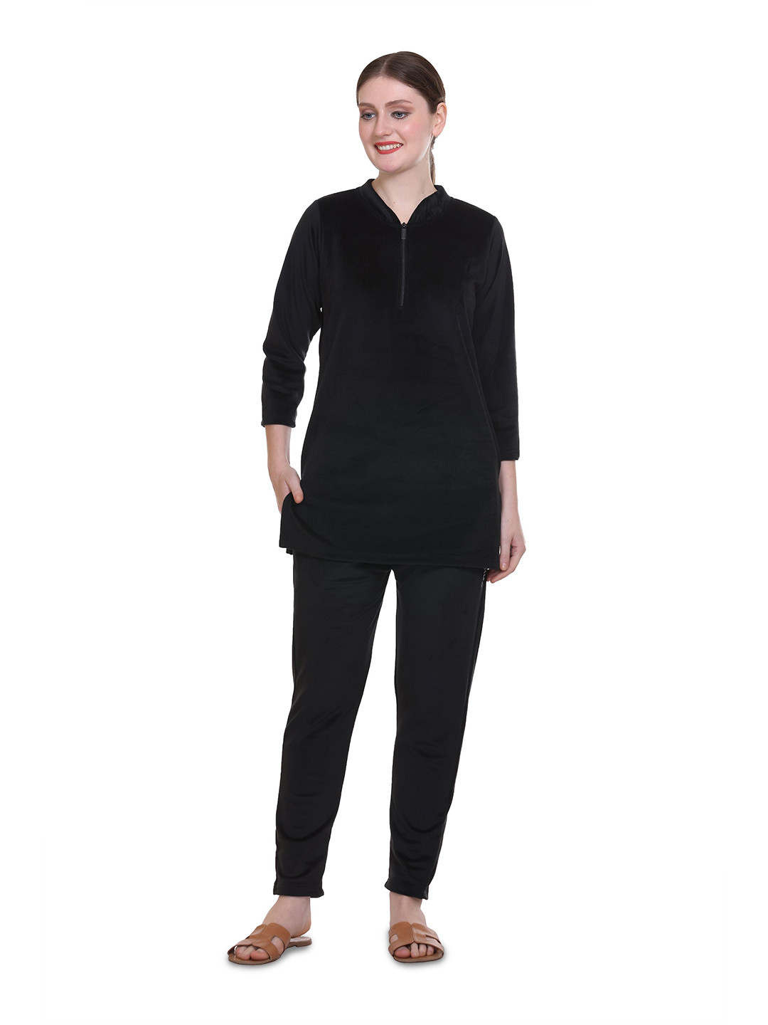 URBE-URBAN EVOLUTION Mandarin Collar Longline Velvet Top With Pyjama