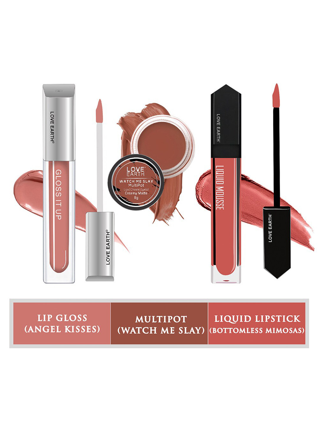 LOVE EARTH Set Of Lip Gloss 3ml & Liquid Lipstick 6ml with Lip & Cheek Tint 8g