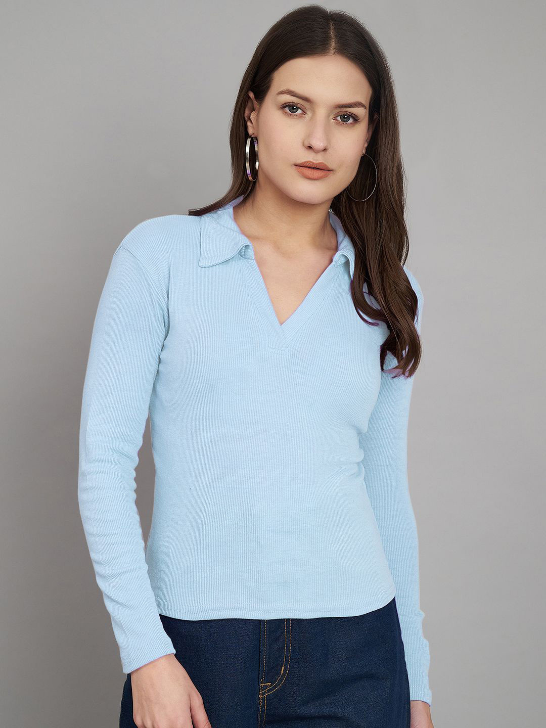 Turquoise Blue Regular Top with Shirt Collar