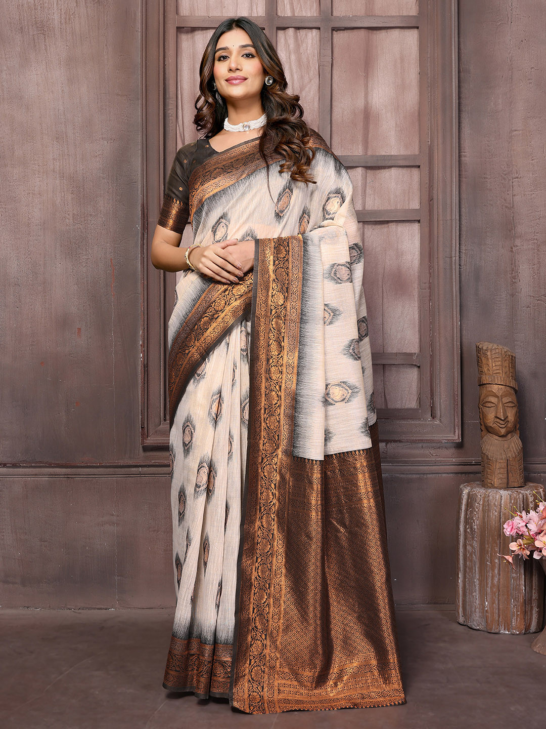 KALINI  Beige & Brown Linen Blend Ethnic Motifs Kanjivaram Saree with Blouse Piece