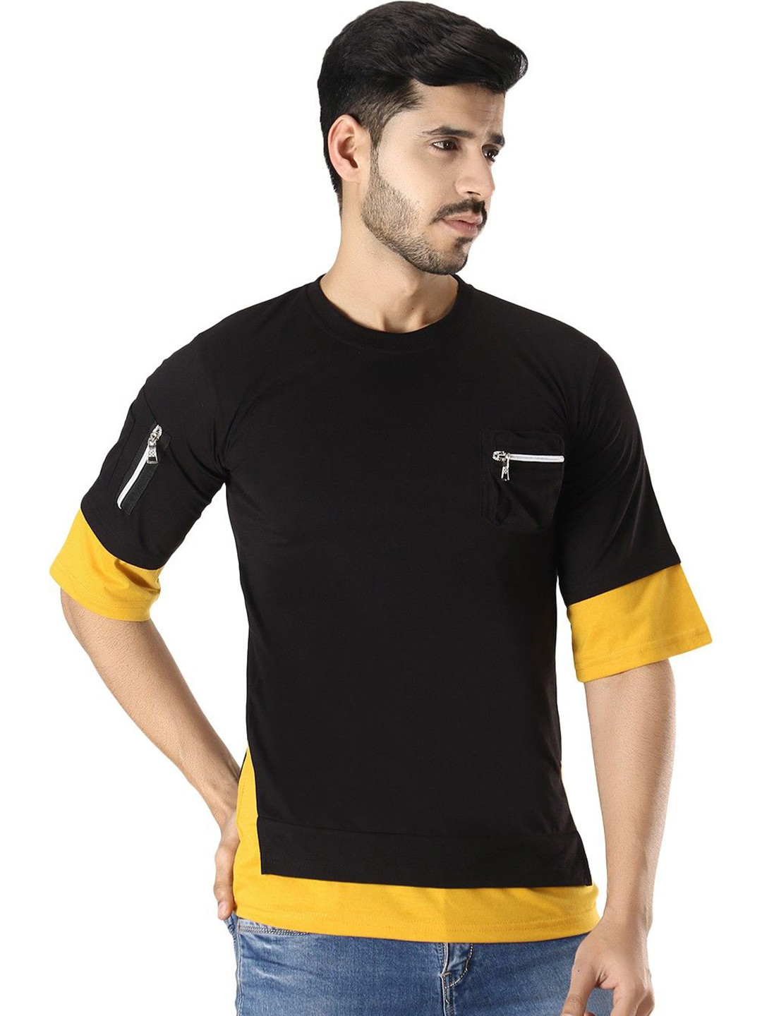 Black Collection Men Drop-Shoulder Sleeves Pockets T-shirt