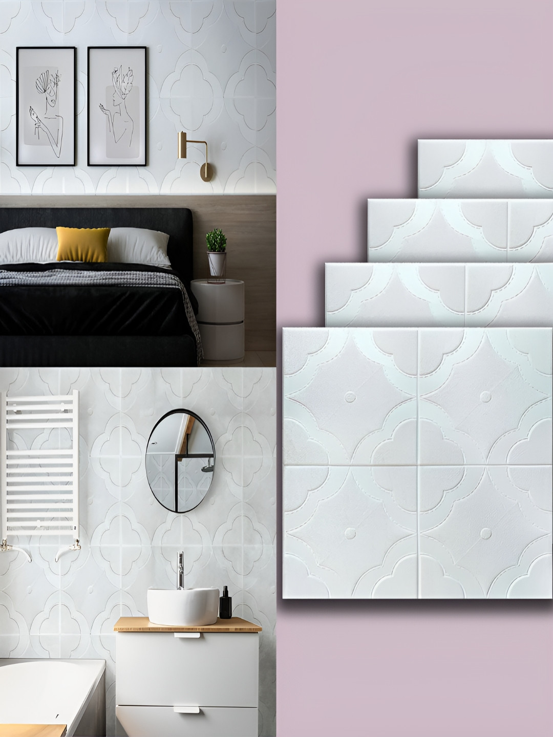 Lukzer 6-Pcs White & Pink Floral Self-Adhesive Wall Panels