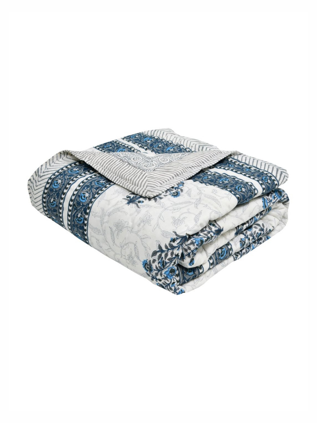 BLOCKS OF INDIA Blue & Grey Floral Mild Winter 350 GSM Single Bed Quilt