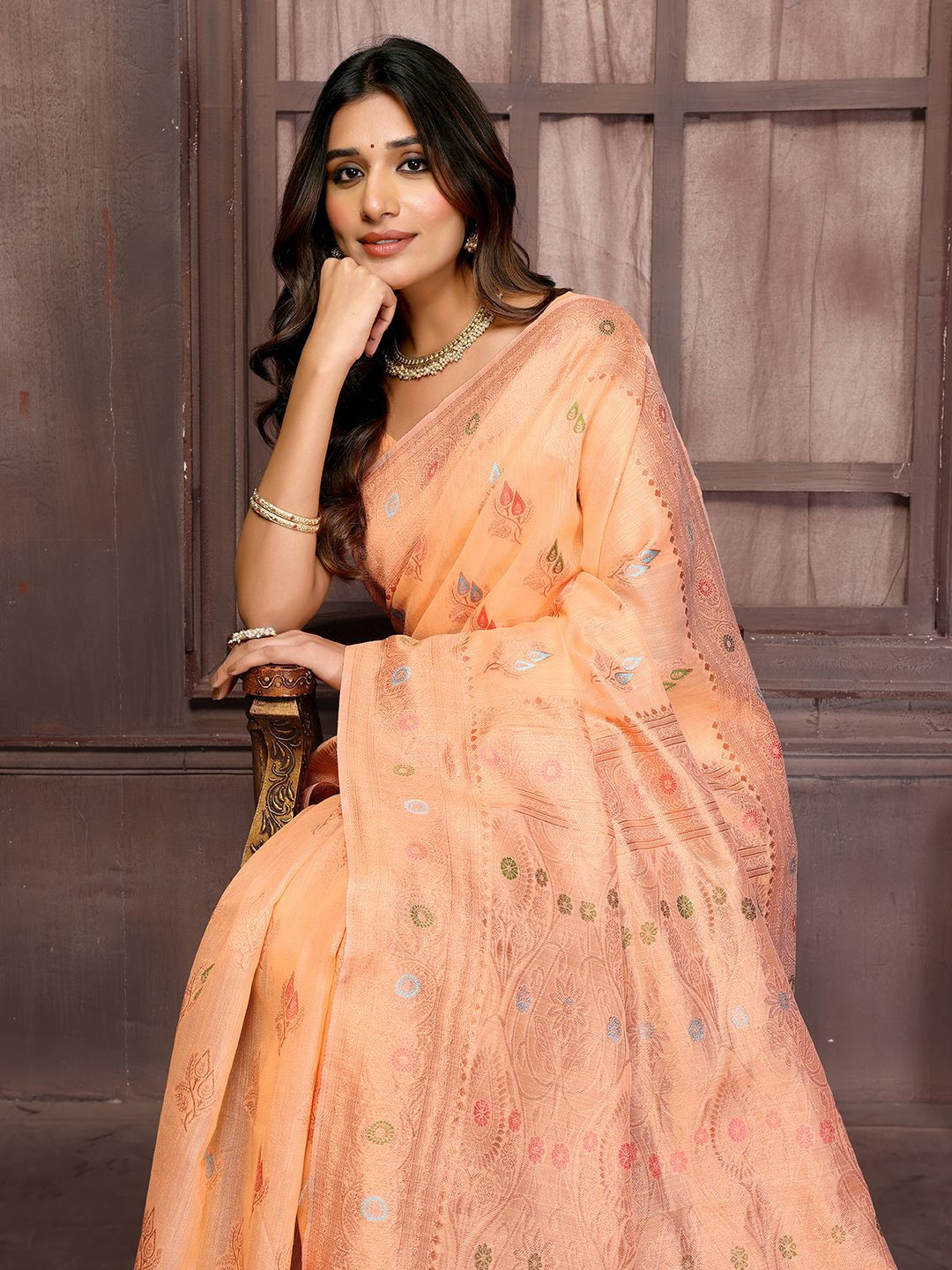 KALINI  Peach Linen Blend Ethnic Print  Design Kanjivaram Saree with Blouse Piece
