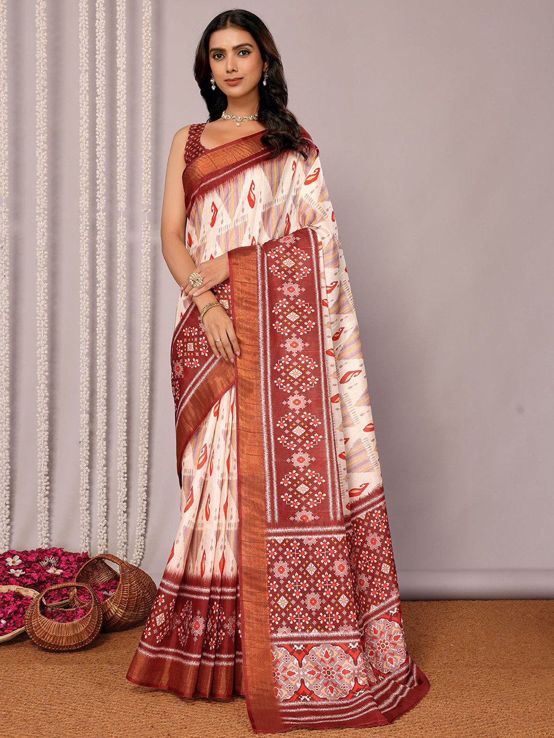 KALINI  Cream Chanderi Silk Ikkat Printed Chanderi Saree with Blouse Piece