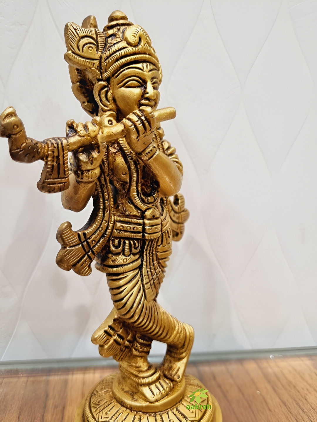 Aakrati Krishna Pratima Yellow Brass Metallic Prayer Room Small Showpiece - 6.5 Inches