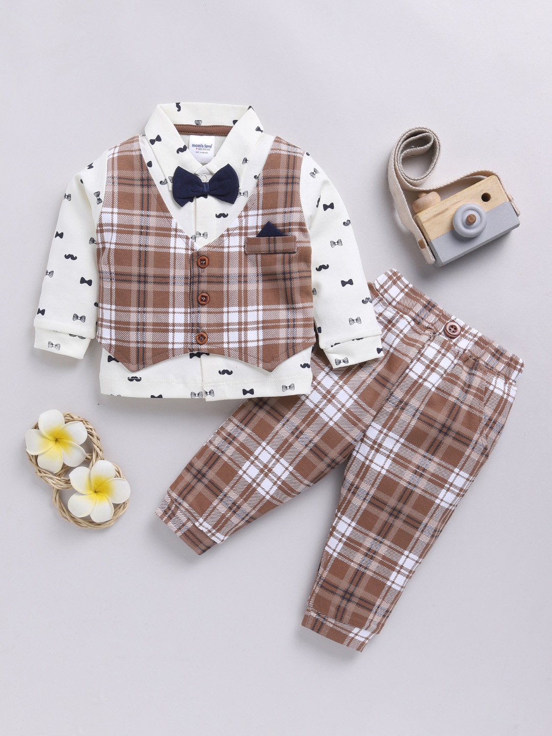 Moms Love Infant Boys Checked Pure Cotton Party Shirt & Trousers with Attached Waistcoat