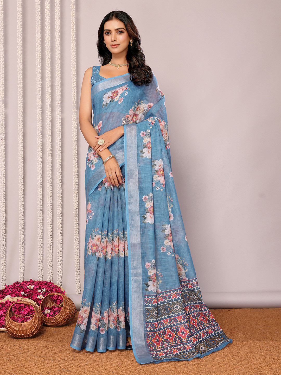 KALINI  Blue Linen Blend Floral Printed Daily Wear Saree with Blouse Piece