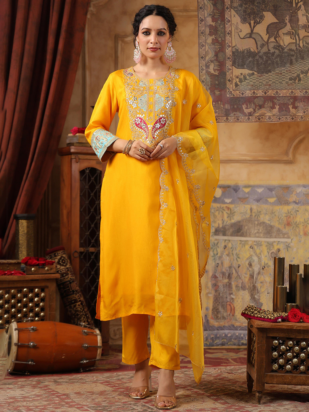 SCAKHI Women Floral Yoke Design Regular Dupion Silk Kurta with Trousers & With Dupatta