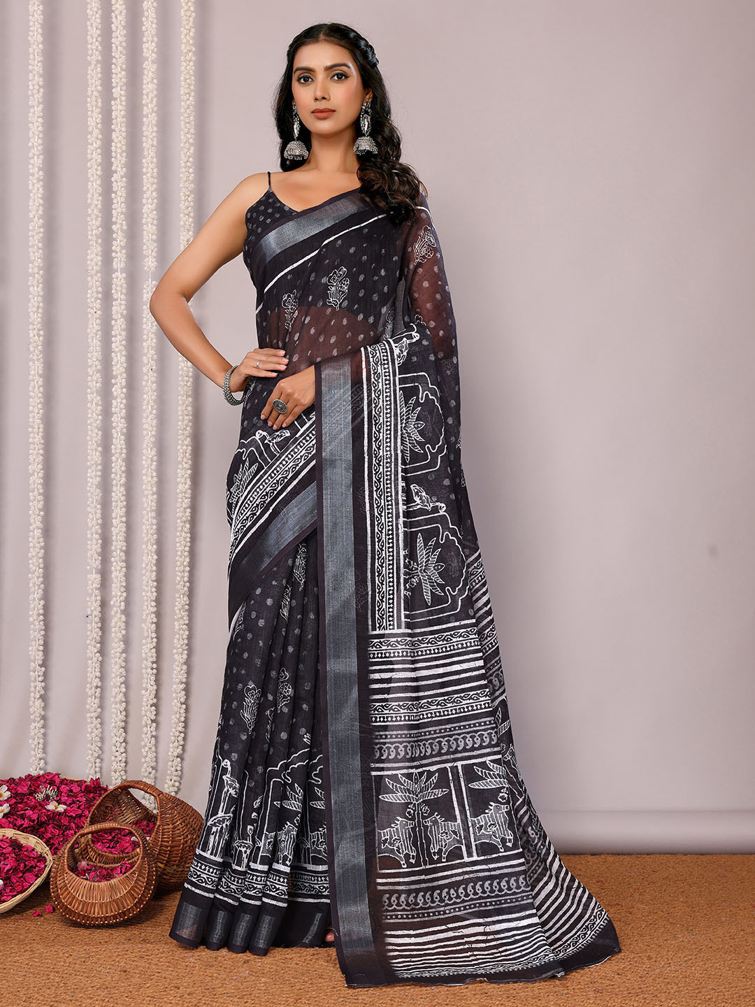 KALINI Women Black Linen Blend Polka Printed Daily Wear Saree with Blouse Piece