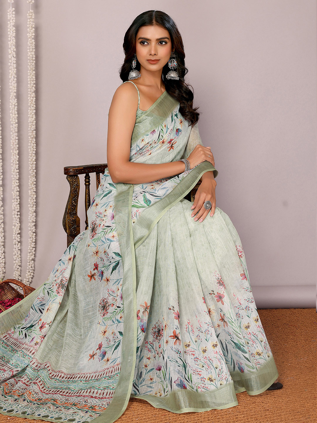 KALINI  Light Green Linen Blend Floral Printed Daily Wear Saree with Blouse Piece