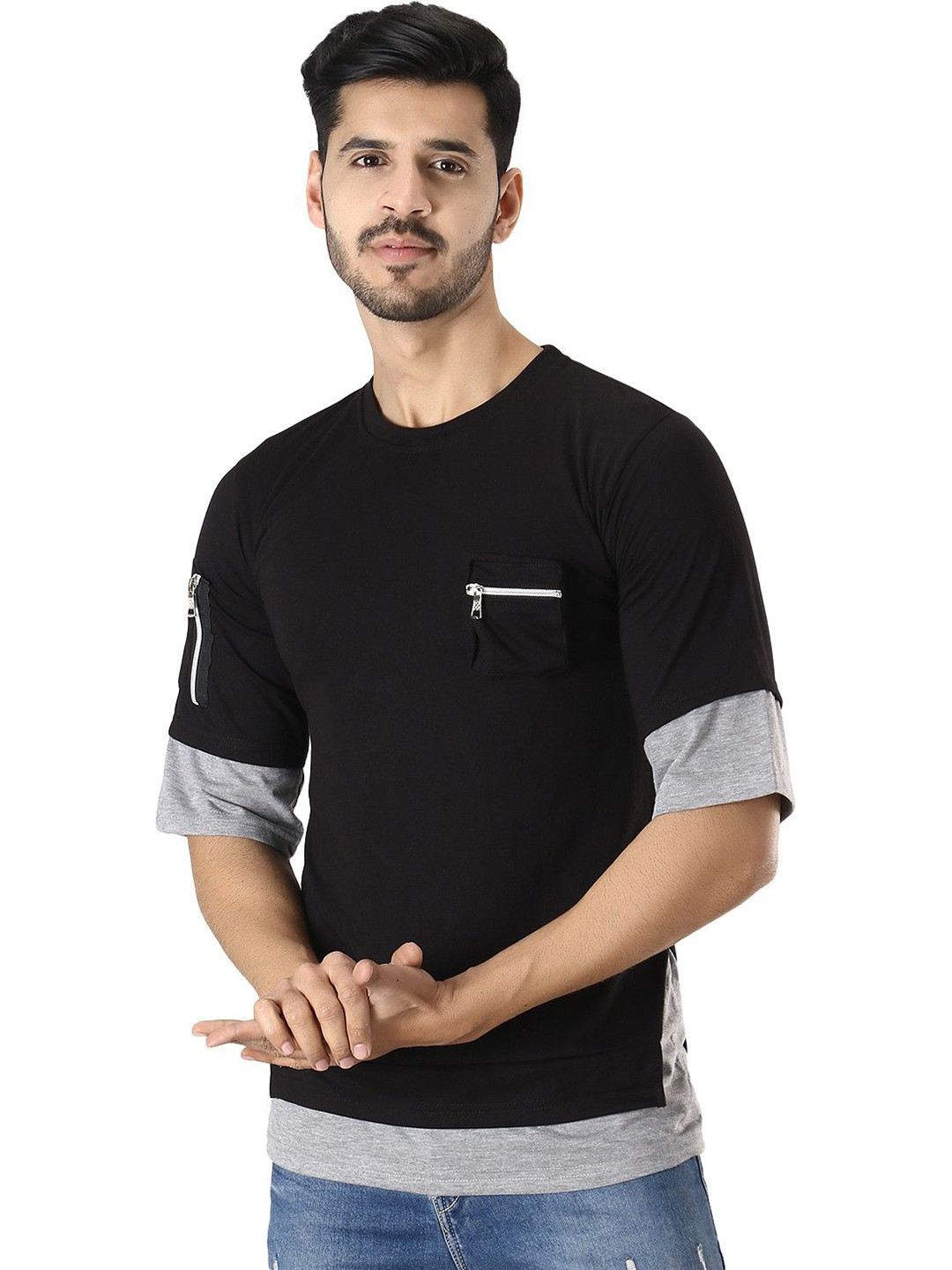 Black Collection Men Drop-Shoulder Sleeves Pockets T-shirt