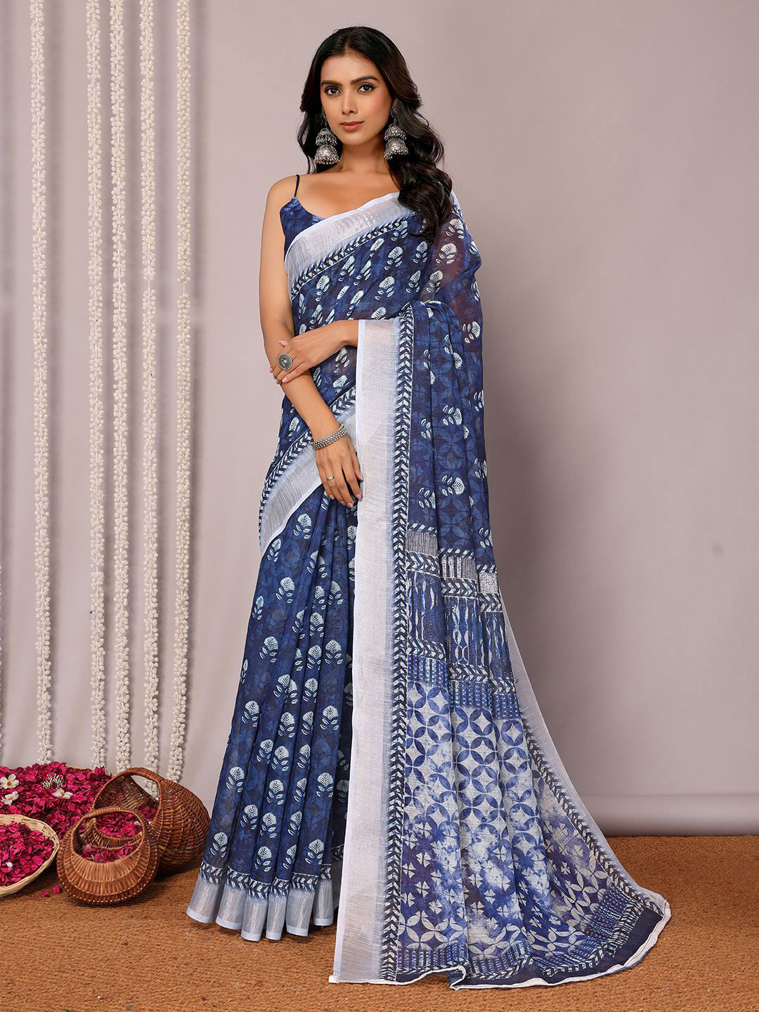 KALINI  Navy Blue Linen Blend Block Print Printed Daily Wear Saree with Blouse Piece
