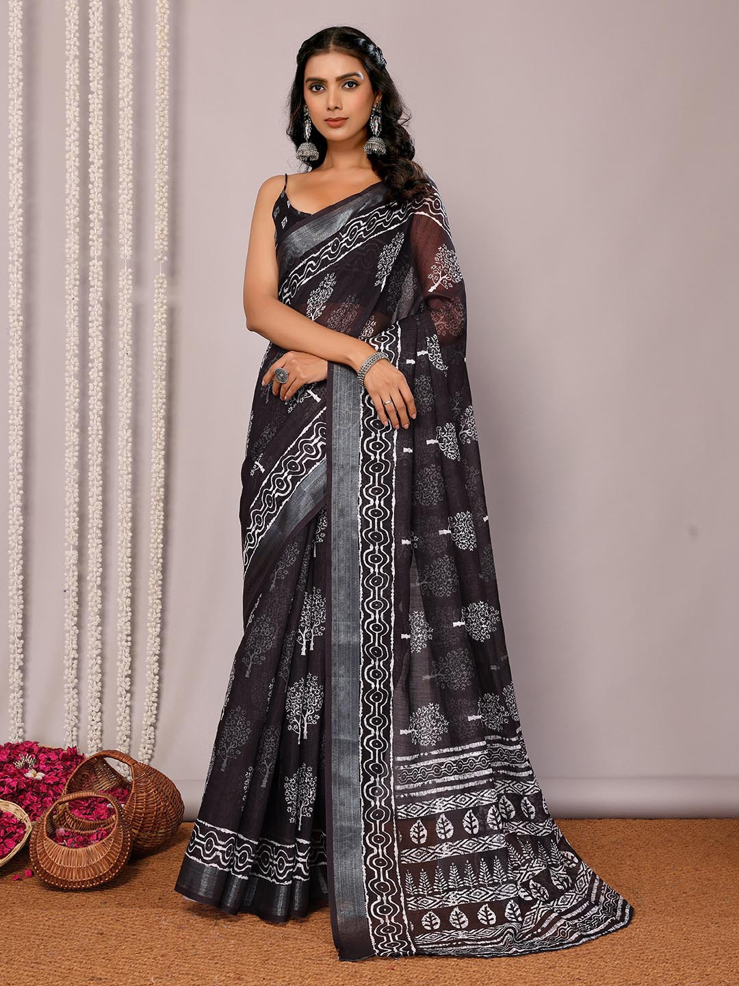 KALINI  Black Linen Blend Floral Printed Daily Wear Saree with Blouse Piece