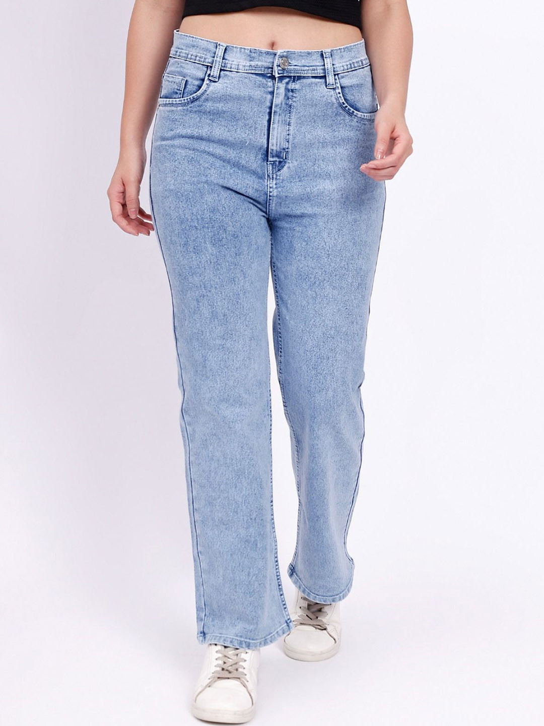 AC CREATION Women Comfort Straight Fit High-Rise Low Distress Heavy Fade Stretchable Jeans