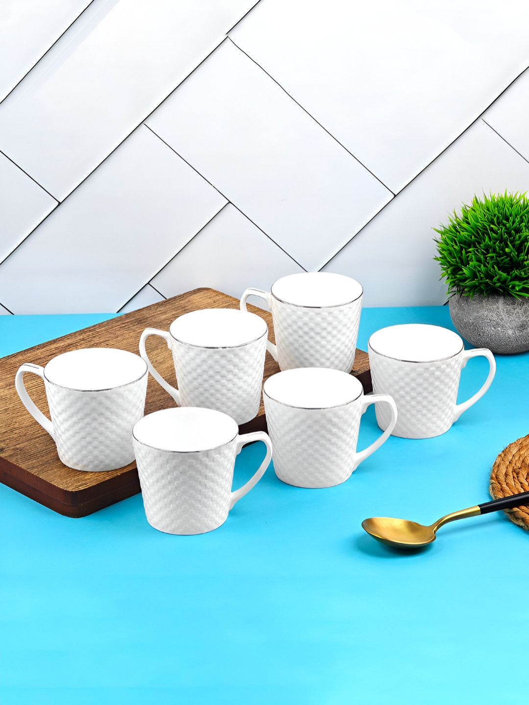 UPC Yolo White Checkered Ceramic Handmade 6 Piece Mugs-220ml