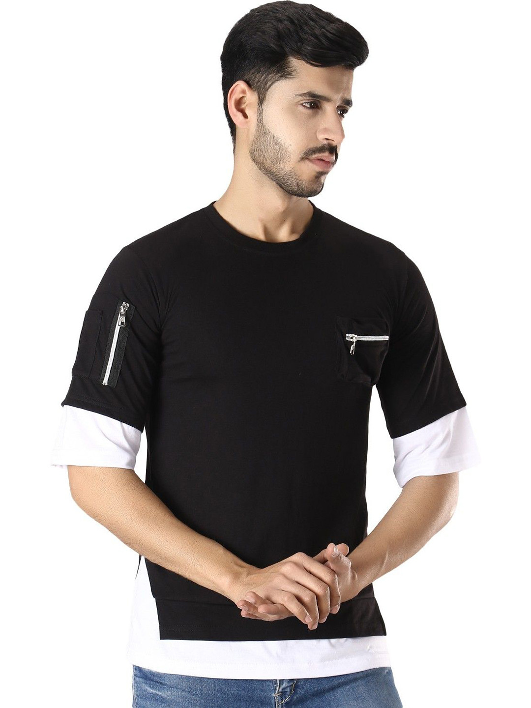 Black Collection Men Drop-Shoulder Sleeves Pockets T-shirt