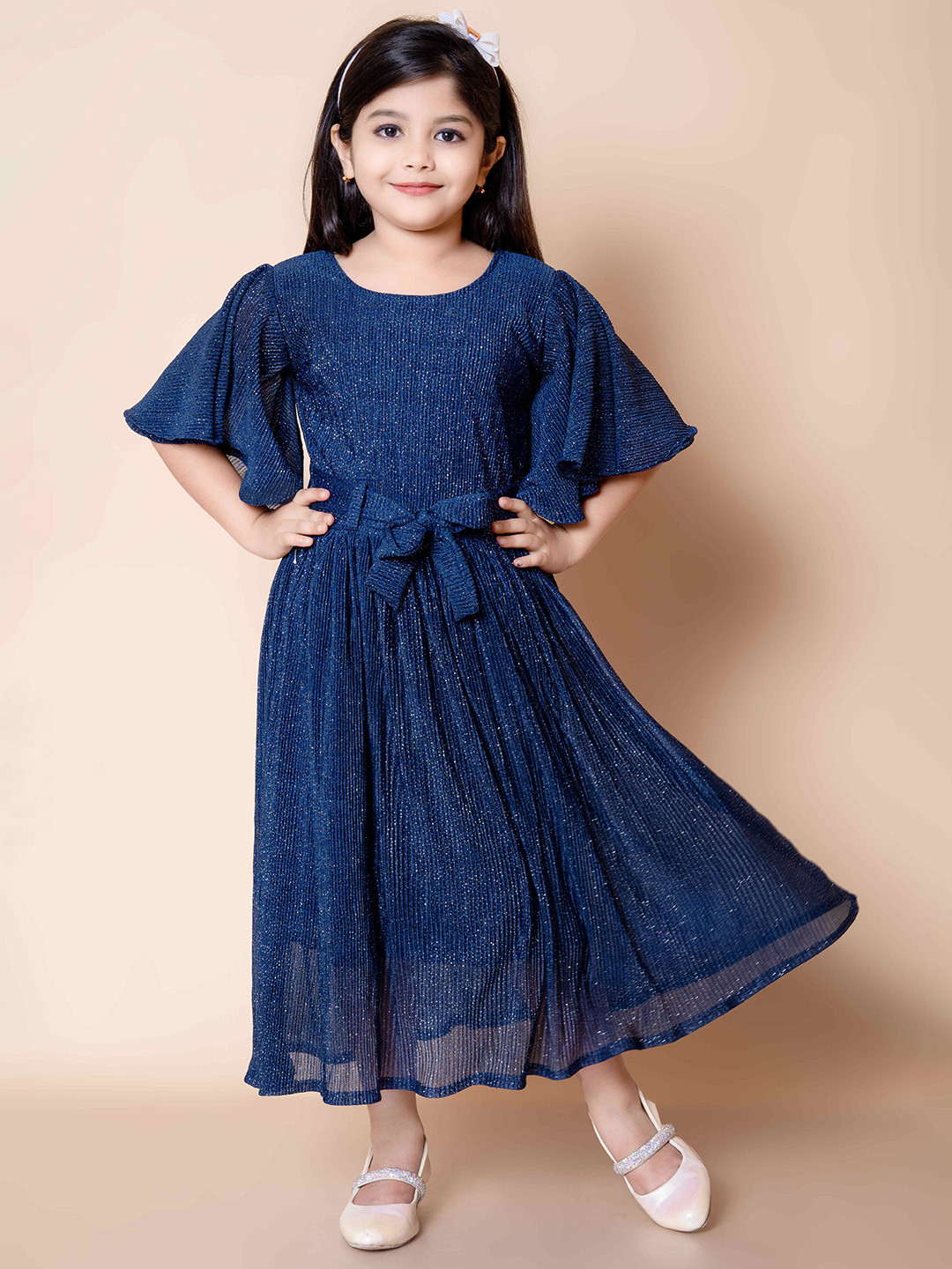 NATIONAL LEBASH Polka Dot Striped Flutter Sleeve Organic Cotton Fit & Flare Maxi Dress