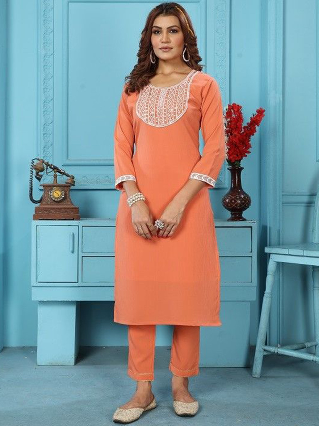 S.K.C Floral Embroidered Round Neck Three-Quarter Sleeves Kurta With Trouser