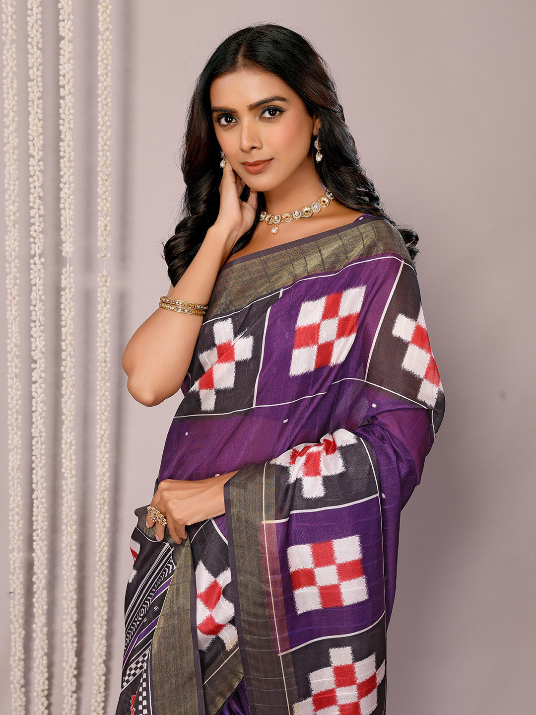 KALINI KALINI Women's Chanderi Silk Geometric Printed Saree with Blouse Piece